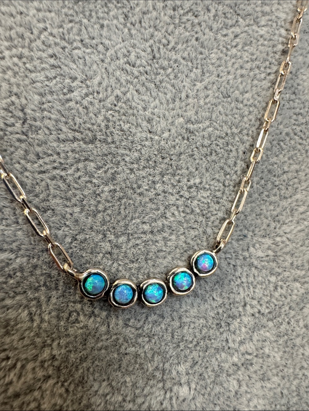 Blue Opal Accent Silver Necklace - Five Stone Bar